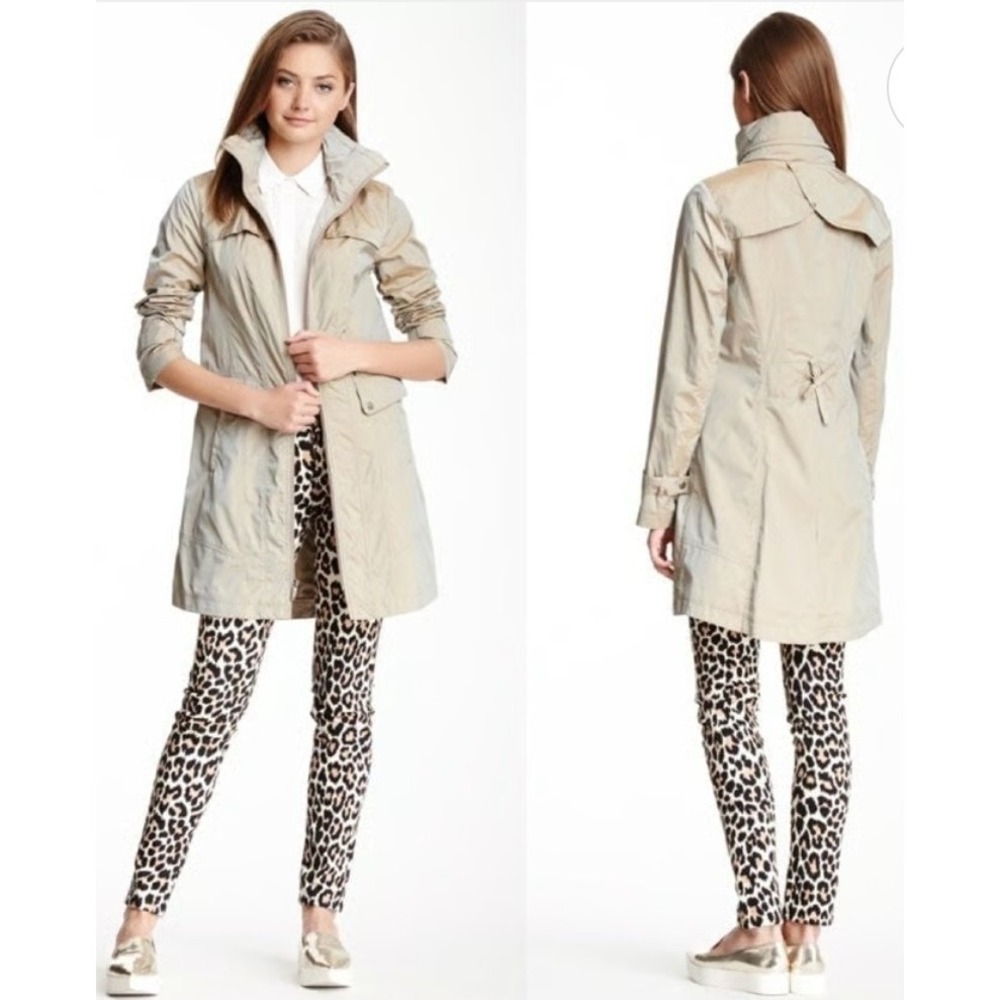 Cole Haan Topaz Iridescent Raincoat Jacket Stow-Away Hood Beige Womens Size M